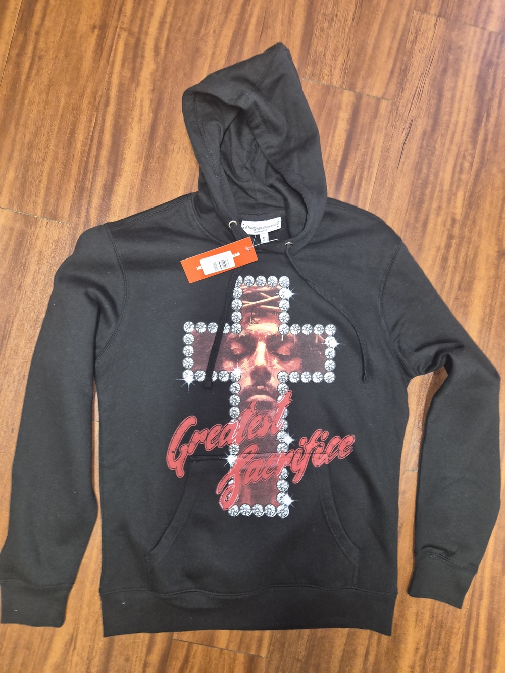 Black Graphic Pullover Hoodie with Red Script and Cross Motif